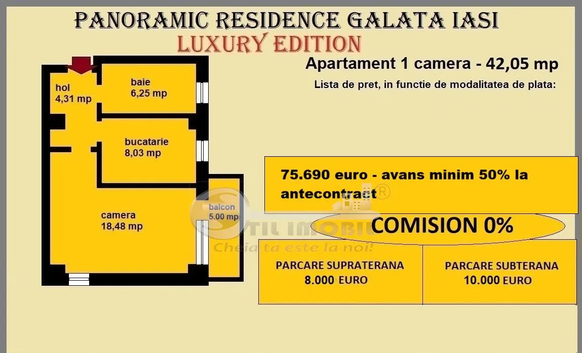 Apartament 1 camera de vanzare in Iasi, Galata, 42,05 mp, baie cu geam - foto 2